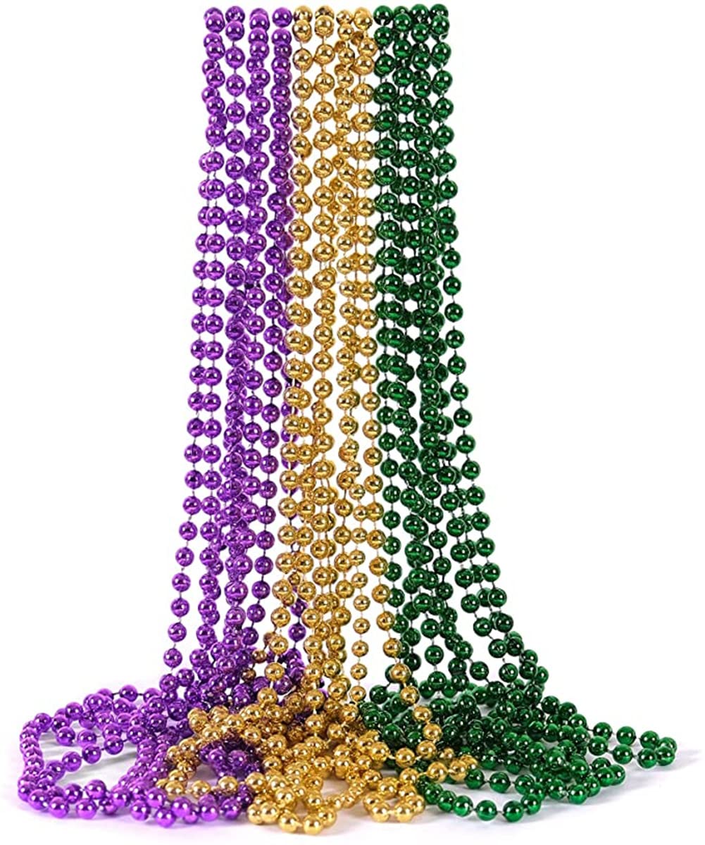 JBINNG 12 pcs Mardi Gras Beads Round Metallic Colors in Gold, Green, Purple, Assorted Beaded Necklace Costume Necklace Accessory For Events And Party Favor Novelty, 32 Inch 6mm