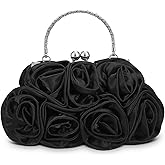 SUIKIHUM Rose Evening Bag Clutch Purse for Women, Satin Evening Purse W/3D Floral Rose for Formal Wedding Party Bride, Black