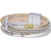 FANCY SHINY Cross Leather Bracelets Christian Jewelry Religious Gifts for Women Boho Wrap Cuff Bangle Bracelets with Magnetic Clasp