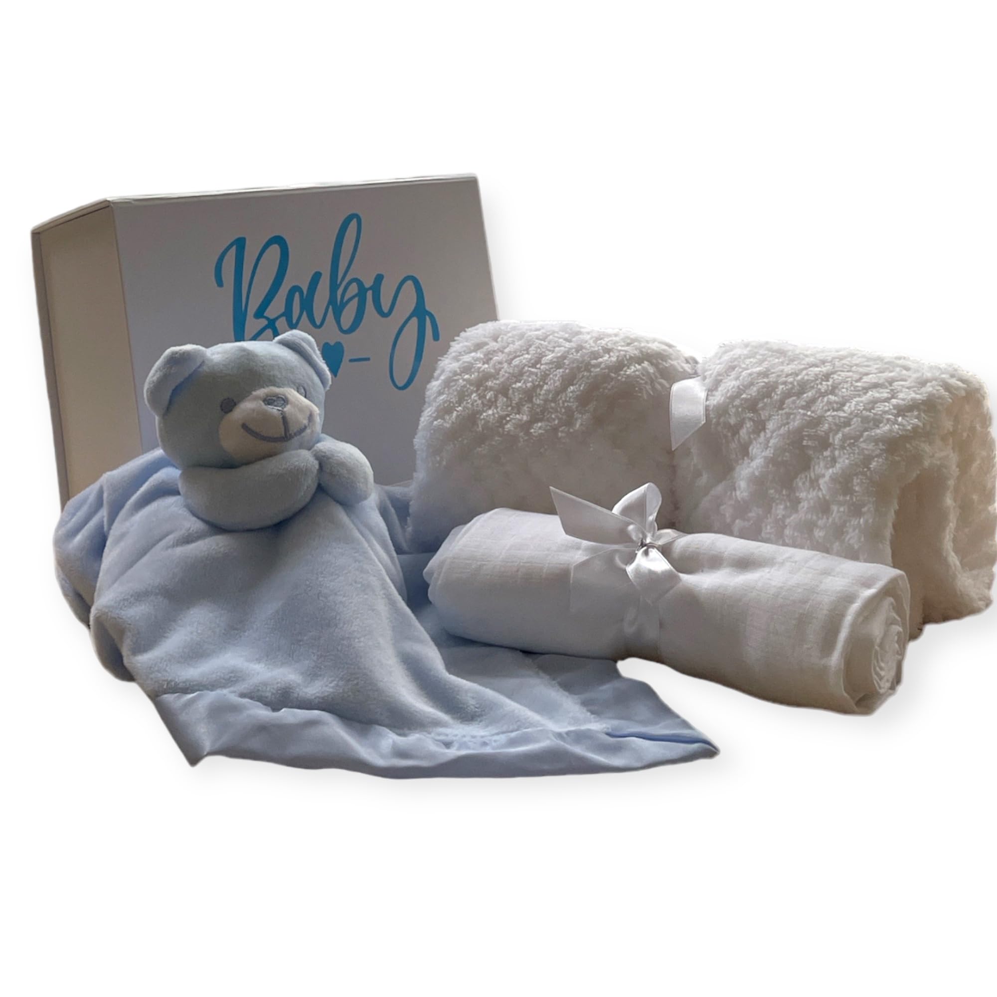 New Baby Boy Gift Hamper – 4 Piece Set with Blanket Teddy Comfortor Muslin Cloth & Keepsake Box – Baby Shower Present for New Mums & Christenings