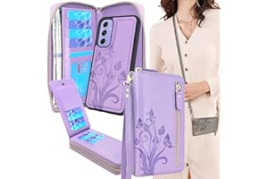 Lacass for Samsung Galaxy A54 5G 2023 Crossbody Dual Zipper Detachable Magnetic Leather Wallet Case Cover Wristlets Wrist Strap 13 Card Slots Money Pocket(Floral Purple)