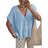 Saodimallsu Womens Spring Oversized Cardigans Batwing Short Sleeve Lightweight Button V Neck Casual Knit Sweater Tops