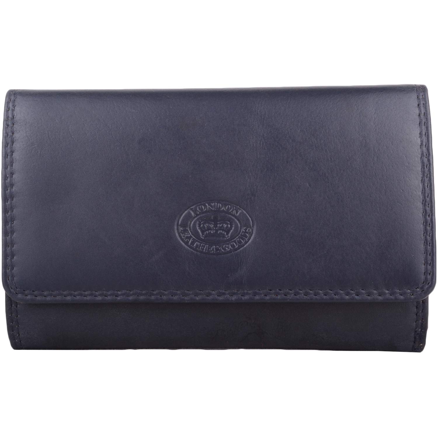 Womens Soft Leather Tri-Fold RFID Protected Purse with Clip Frame Pocket - Navy