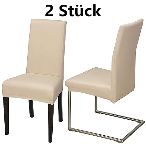 Staboos 2er Set, Stretch Universell Stuhlhusse, Stuhlbezug aus 96% Baumwolle pflegeleicht und bügelfrei, Beige