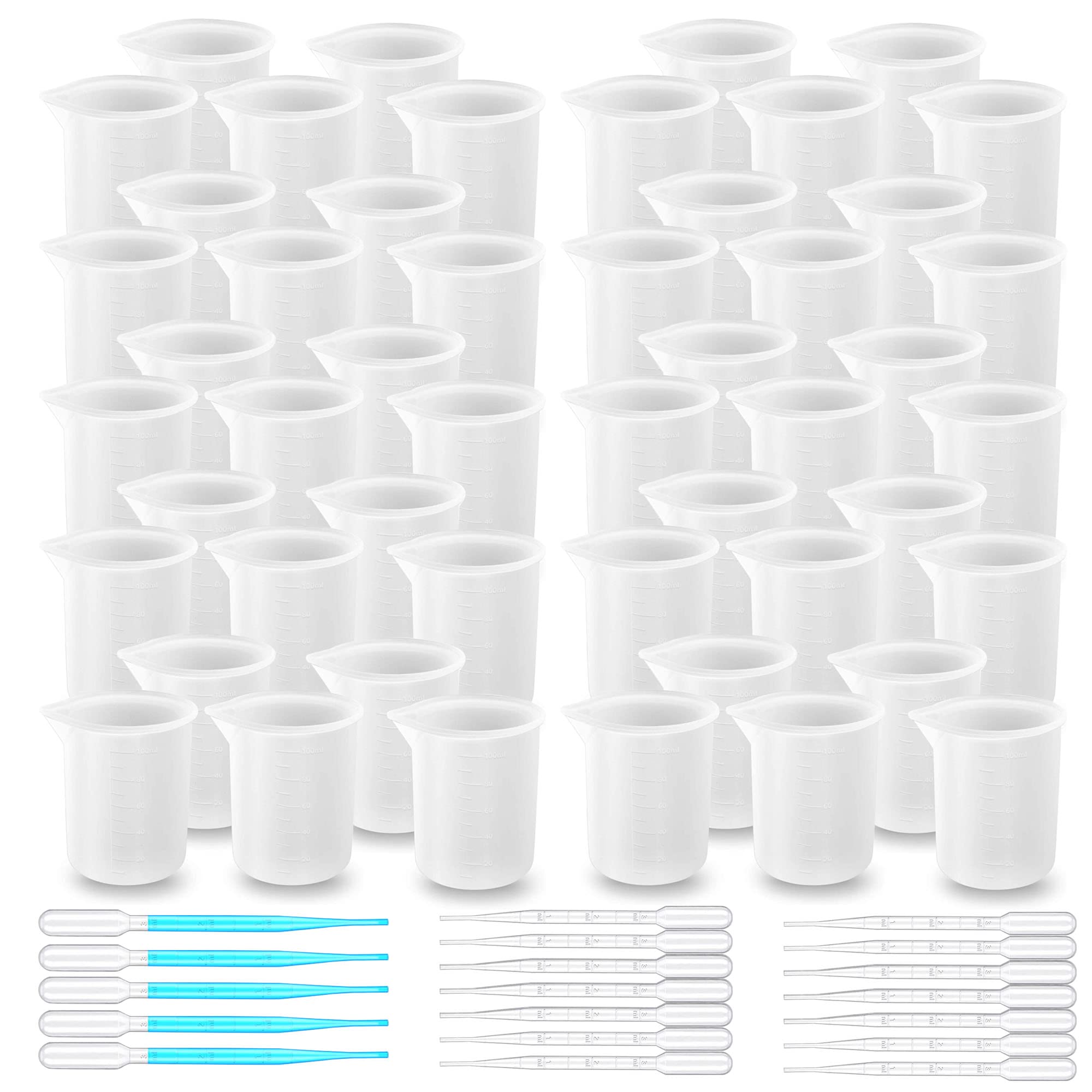 Woohome 50 PCS Silicone Measuring Cups for Resin, 100 ml Non-Stick Mixing Cups Silicone Cups with Plastic Droppers for Casting Moulds, Epoxy Resin Mixing, Jewelry Making