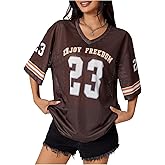 SOLY HUX Women's Y2k Jersey Shirts Graphic Mesh Oversized T Shirt Letter Print V Neck Half Sleeve Tee Tops