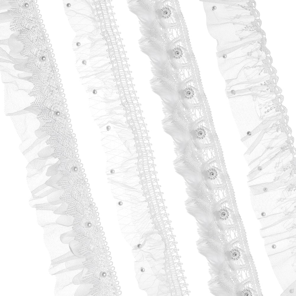 MAYJOYDIY 3.66m 4 Styles White Ruffles Lace Trim with Beads Pleated Embroidery Ribbons Pearl Tulle Fabric Trim for DIY Craft Sewing Curtains Clothing Wedding Dress