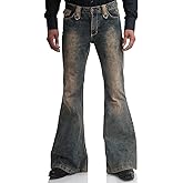 Men's Vintage Flared Leg Denim Jeans Classic Patchwork Bell Bottom Denim Pants