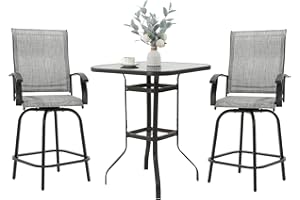 UDPATIO 3 Piece Patio Swivel Bar Set, Outdoor Mental Textilene High Swivel Bar Stools Chair Set of 2 and Bar High Glass Bar Table, Outdoor High Top Bistro Set for Lawn Garden, Balcony, Grey White