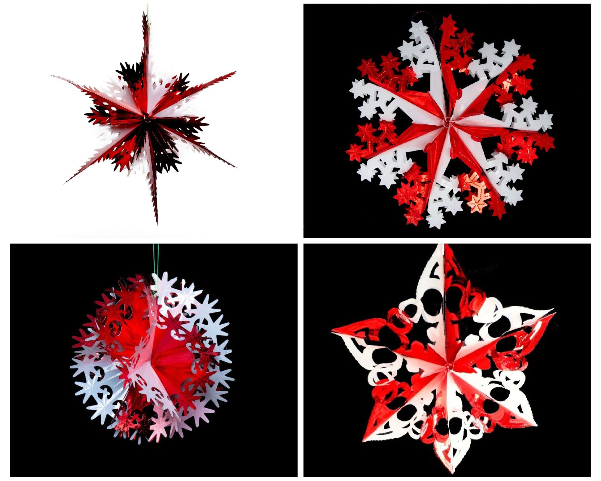 Simply Products Set of 4 40cm Christmas Foil Ceiling Garland Hanging Xmas Decoration, Long Star, Snowflake, Star Ball & Star (White & Red)