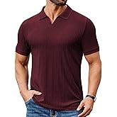 COOFANDY Men's Ribbed Polo Shirts Short Sleeve V Neck Slim Fit Polo T-Shirt Casual Summer Collared Golf Shirt