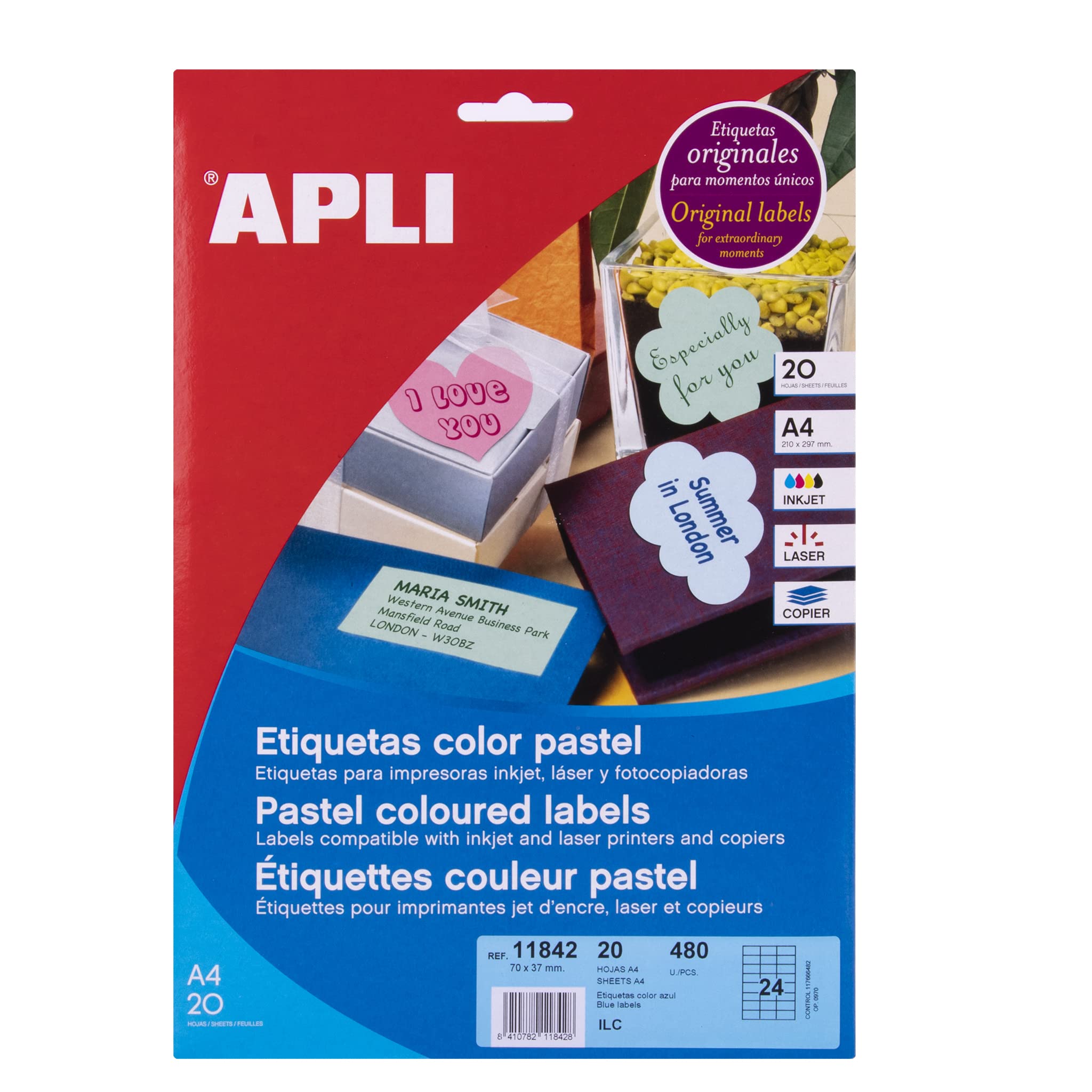 APLI 11842 Permanent Pastel Blue Labels 70.0 x 37.0 mm 20 Sheets