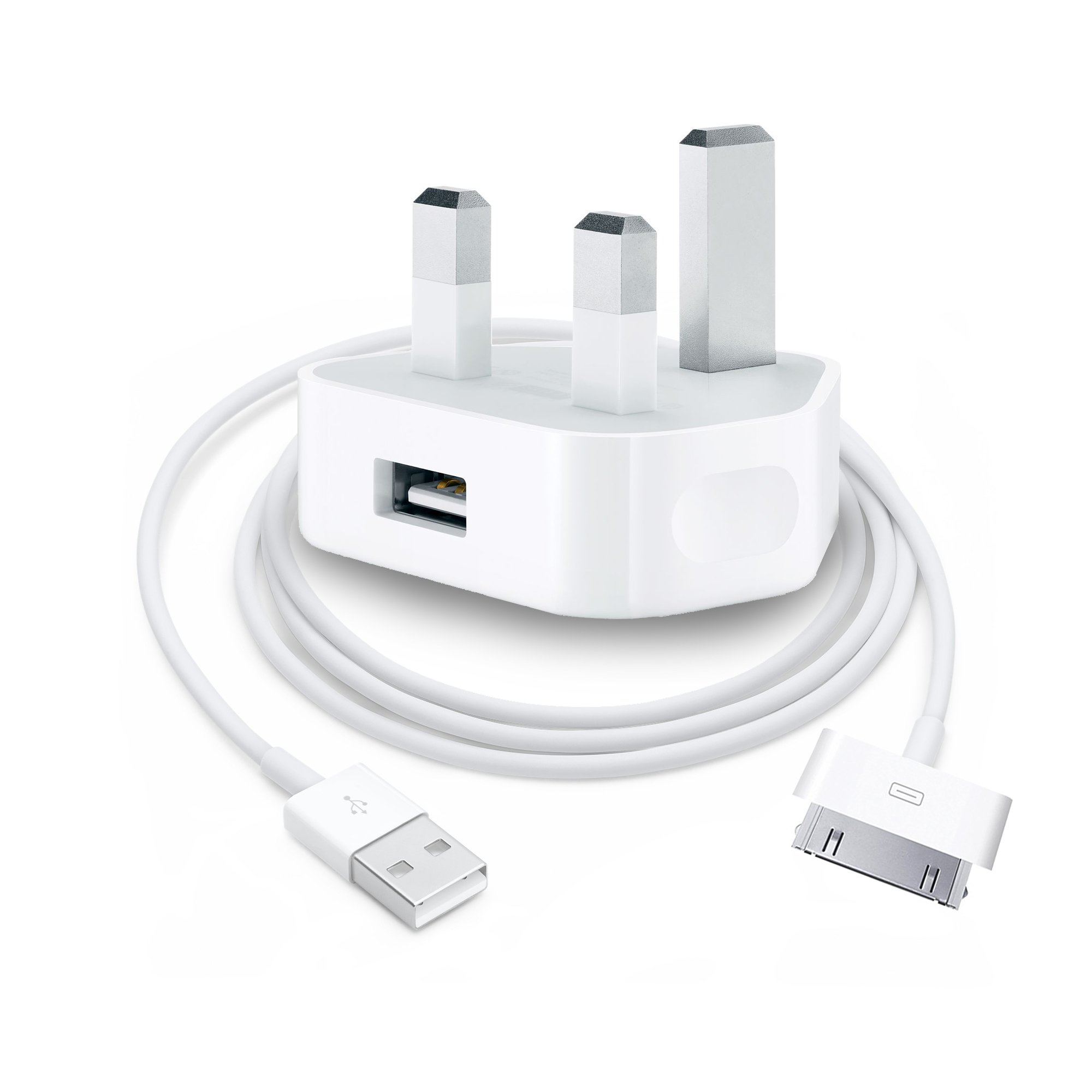 IWIO Mains 3-Pin UK Plug USB 1AMP & USB Charger compatible with Apple iPhone 3G/3GS/4/4s, iPad 1/2/3, iPod Touch 1/2/3/4, iPod Classic, iPod Nano 1/2/3/4/5/6 - WHITE