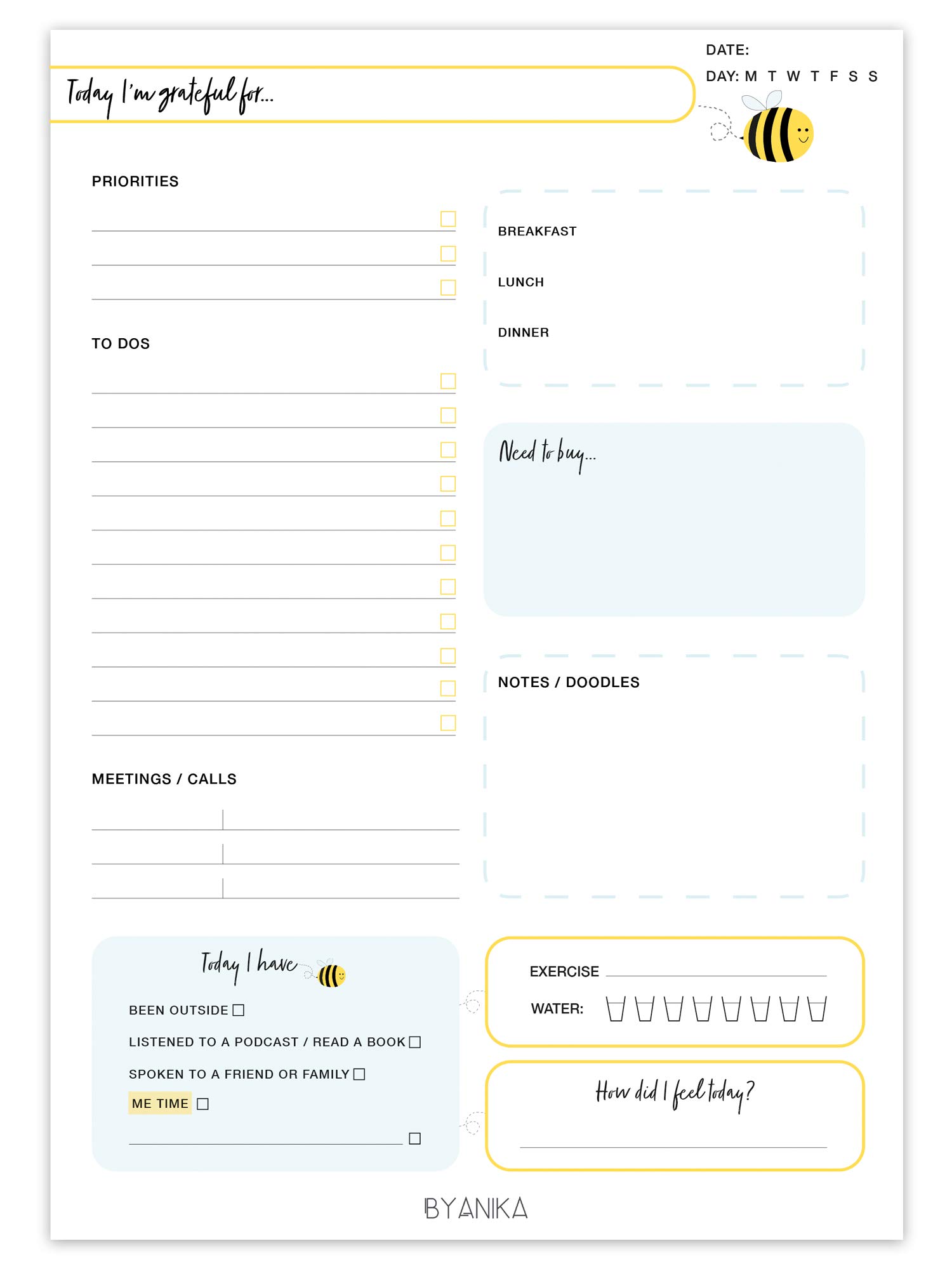 BYANIKA A5 Self Care Daily Planner Pad | Undated To Do List & Productivity Desk Organiser | Plan Work & Personal Life | Note Your Meals, Priorities, Fitness, Daily Tasks & Schedule | Cute Bee Design