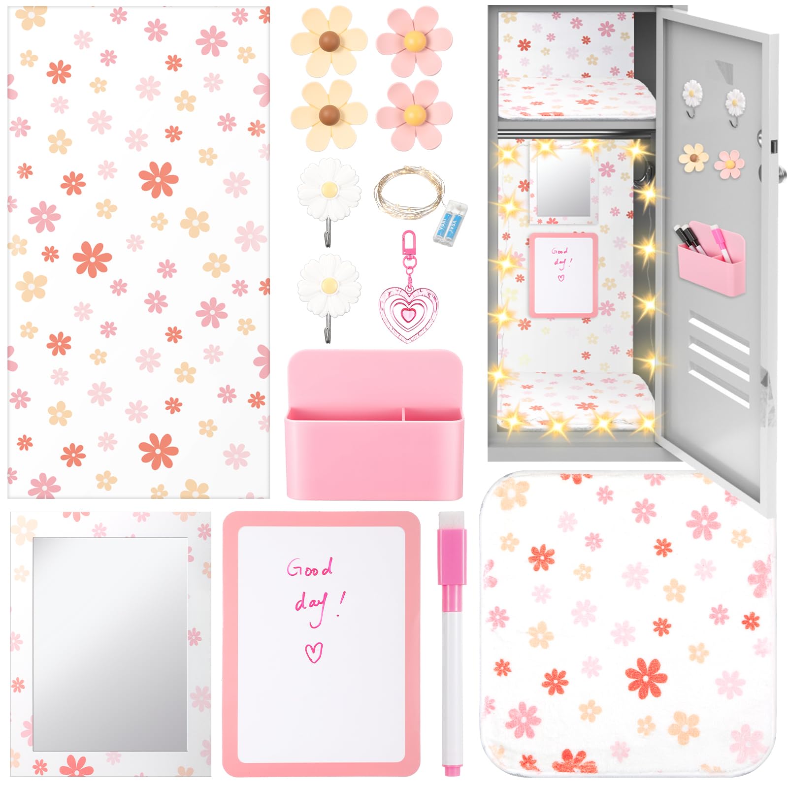 Photo 1 of AmazingSpark 12 Pcs Locker Accessories Kit Magnetic Mirror Pen Holder Hook Whiteboard Wallpaper Magnet Rug Keychain String Light for Back to School Essentials Locker Decoration(Pink,Flower)