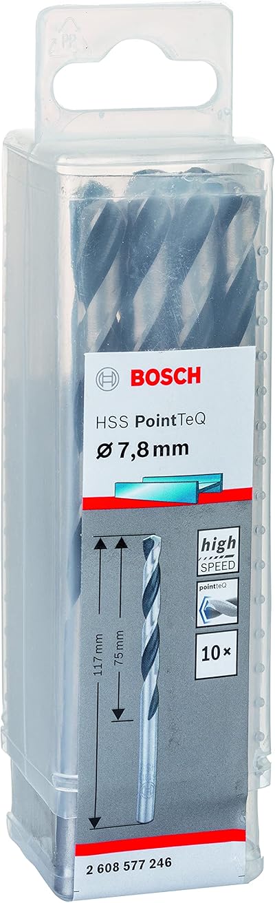 Bosch Professional 10 Stück HSS Spiralbohrer PointTeQ (für Metall, 7,8 x 75 x 117 mm, Zubehör Bohrschrauber)