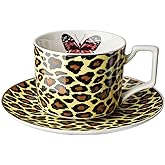 Zioliopaner Tea Cup with Saucer Set, 6.8 oz Euro Style Coffee Mug，Novelty Ceramic Espresso Cup for Home Kitchen Cafe Wedding - Leopard Pattern