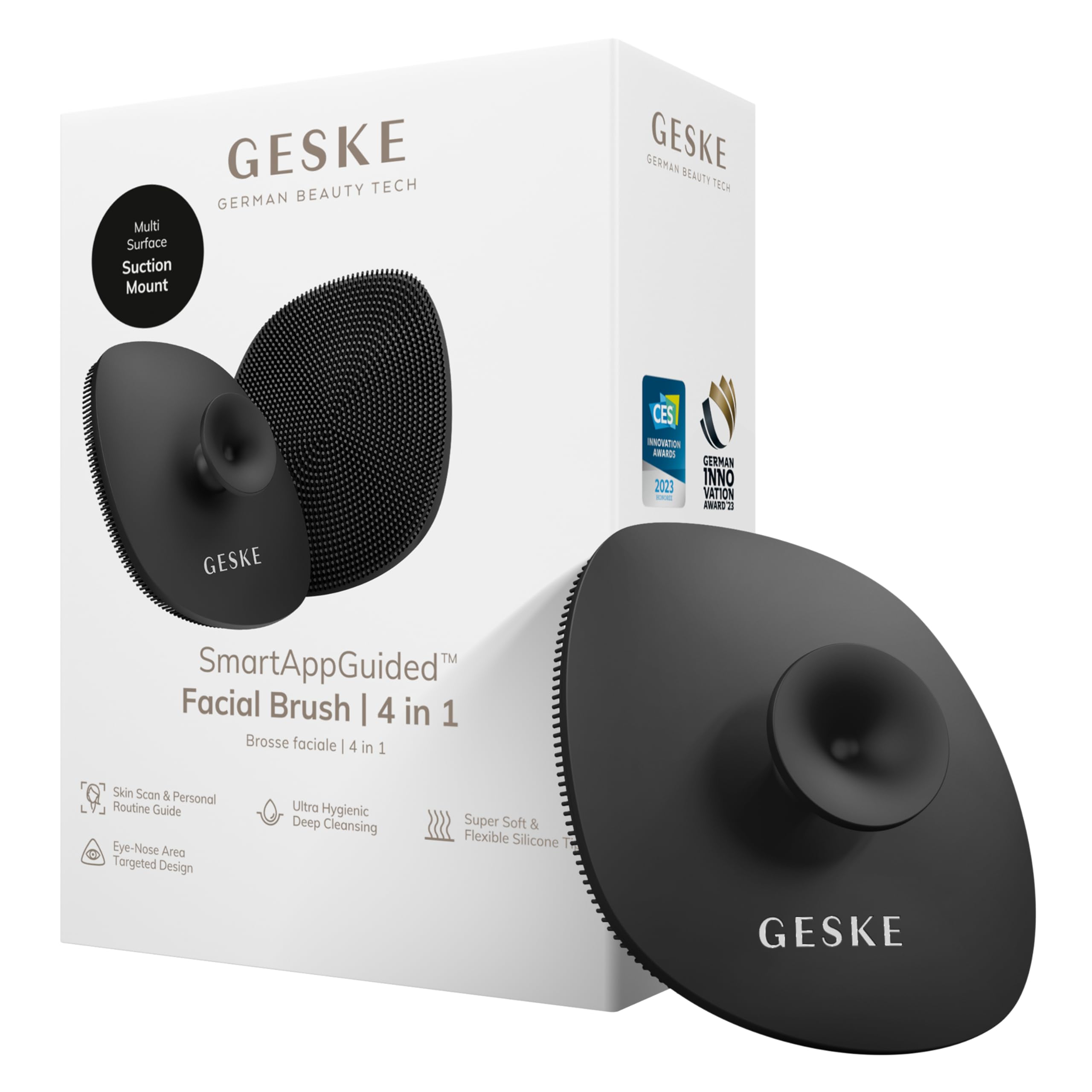 GESKE SmartAppGuided™ Facial Brush | 4 in 1 | professional facial cleansing brush with handle | skin cleansing soft silicone facial brush | routine skincare | gentle cleansing | facial cleanser