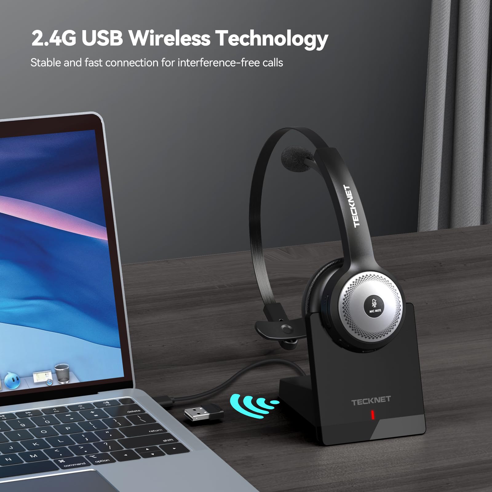 TECKNET Bluetooth 5.0 Headset with Microphone for PC, USB Wireless Headset with Mic for Work, 40Hrs Worktime AI Noise Cancelling On Ear Bluetooth Headphones with Charging Base for Laptop/Call Center