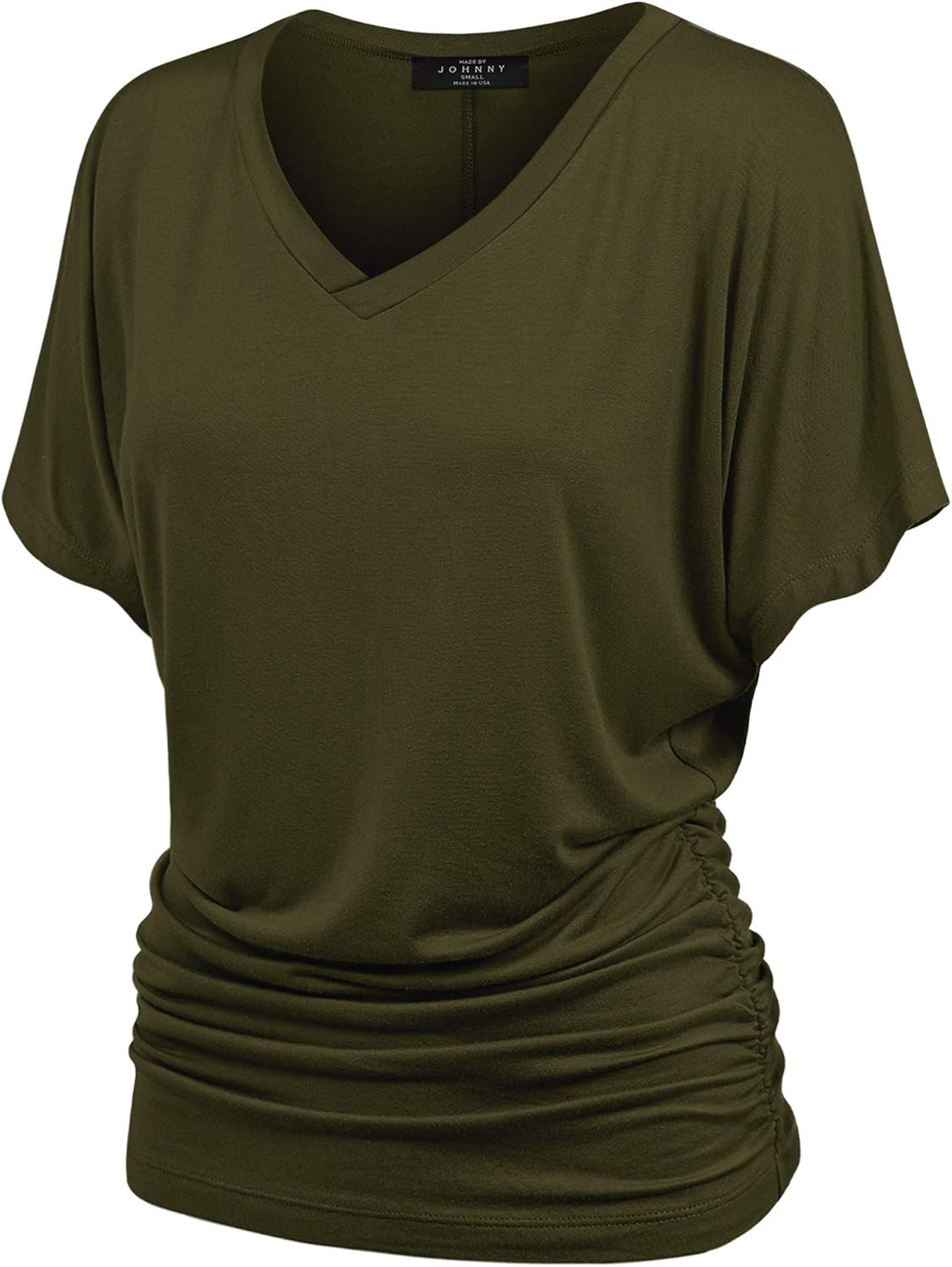 Made By Johnny MBJ Women's Solid Short Sleeve Boat Neck V Neck Dolman Top with Side Shirring