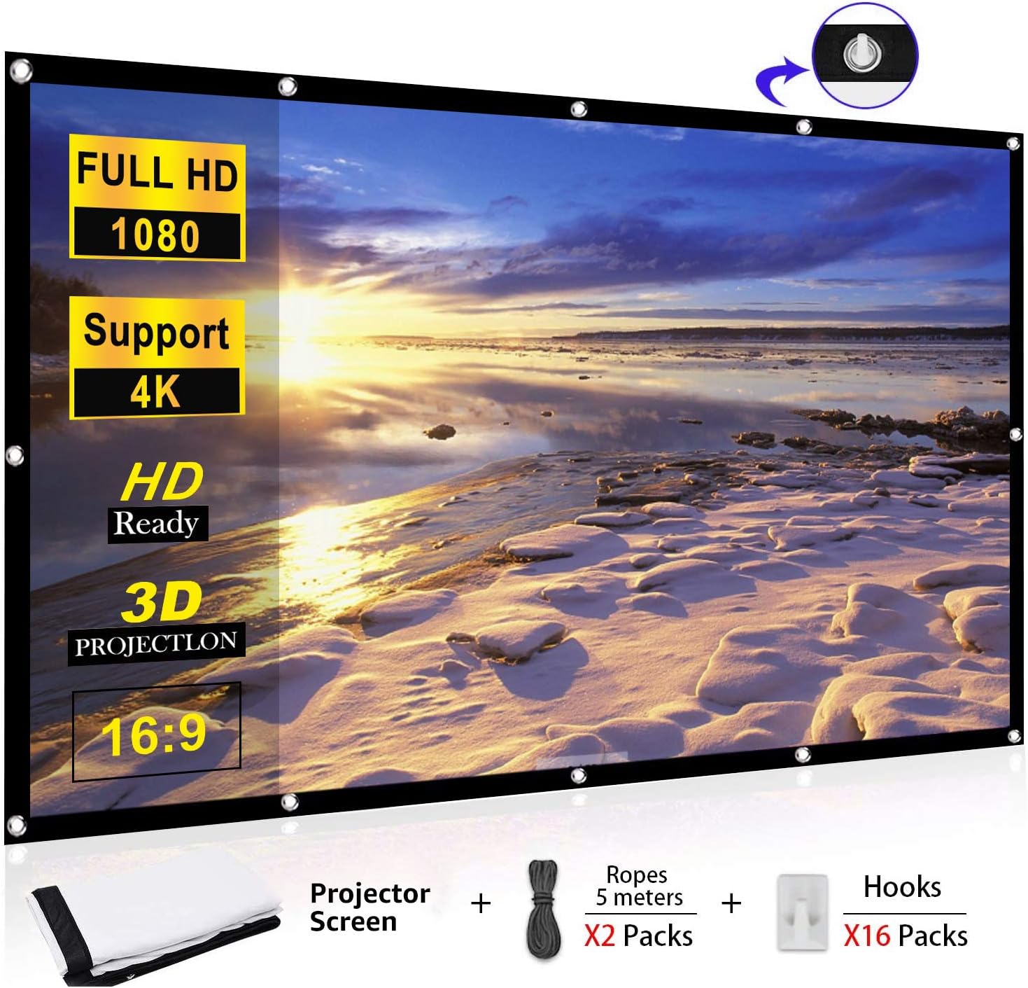WOWOTO 100 inch Projection Screen 16:9 HD Foldable Anti-Crease Portable Projector Movies Screen for Home Theater Outdoor Indoor Support Double Sided Projection