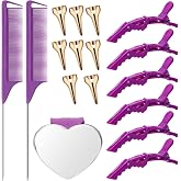 Coldairsoap Hair Parting Tools Set, 17 Pieces Including Hair Parting Rings, Sectioning Clips, Rat Tail Combs, Magnetic Wrist Pin Holder for Braiding (Purple)