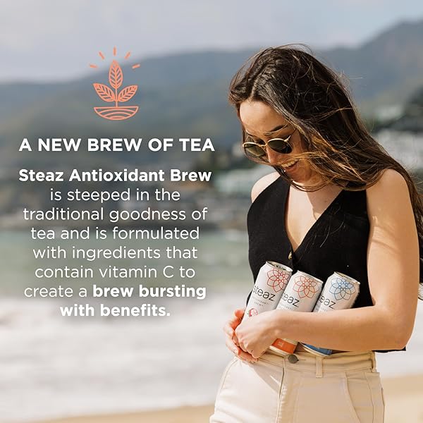 STEAZ – ORGANIC GREEN TEA – SUPERFRUIT (12 PACK) – ANTIOXIDANT BREW – 65MG NATURAL CAFFEINE, 90 CALORIES, VITAMIN C – CANE SUGAR SWEETENED ICED TEA – VEGAN, FAIR TRADE – 12 CANS, 16 FL OZ (473ML)