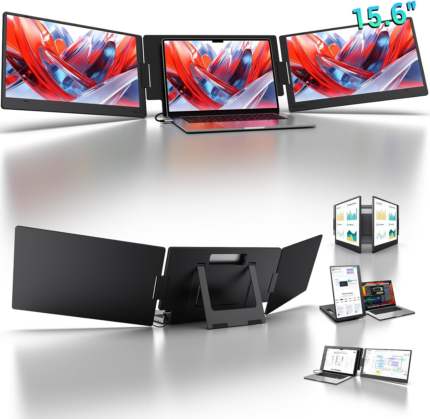 KYY 15.6" Laptop Screen Extender, 1080P FHD IPS Portable Monitor, One Cable USB-C Triple Monitor, Dual Travel Screen for 12"-17'' Laptops, 360° Rotation & Kickstand，X90D (Driver Need)