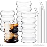 Tessco for you 4 Pcs Creative Glass Cups Vintage Drinking Glasses Ribbed Glassware Aesthetic Cup Entertainment Dinnerware Glassware with Straws Set for Kitchen Coffee Beverage(13.5 Oz, 16 oz,Clear)