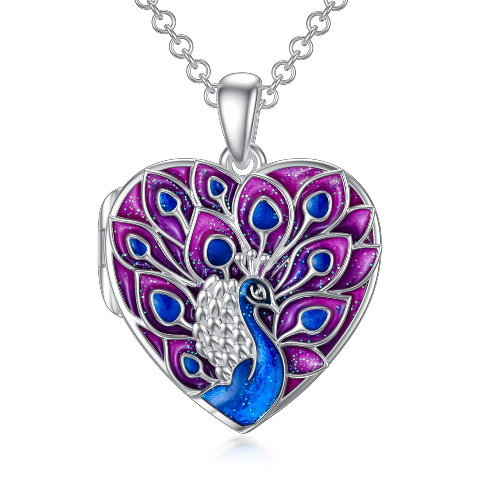 SOULMEET Purple Peacock Locket Necklace That Holds 2 Picture Photo Sterling Silver Heart Shape Photo Locket Jewelry Gift for Women Girls(Locket only)