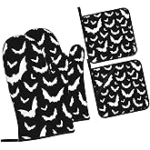 HOYYU Halloween Black Bats Oven Mitts and Pot Holders Set of 4 Heat Resistant Kitchen Potholder Oven Gloves for Cooking Baking Grilling BBQ Mittens Non Slip Kitchen Accessories Gifts