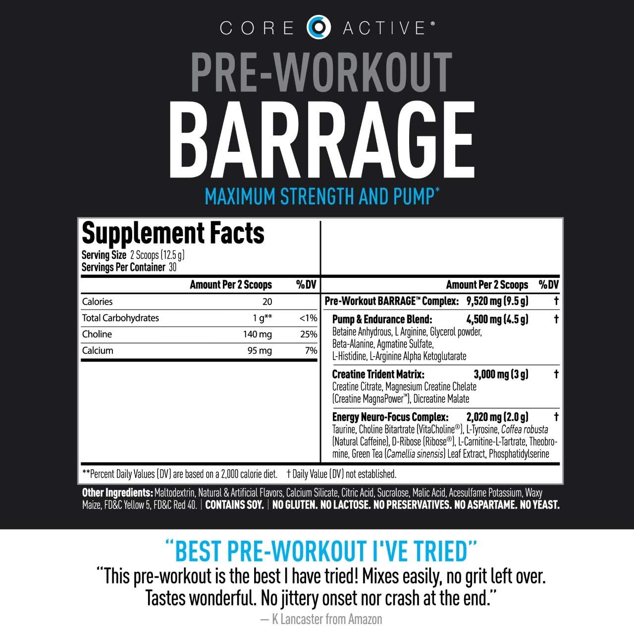 Core Active Barrage Pre Workout - Pre-Workout for Men and Women with Creatine, Beta-Alanine, Agmatine Sulfate, and Caffeine - Pump Up Your Workout with Intense Energy and Focus - Orange (30 Servings): Health & Personal Care