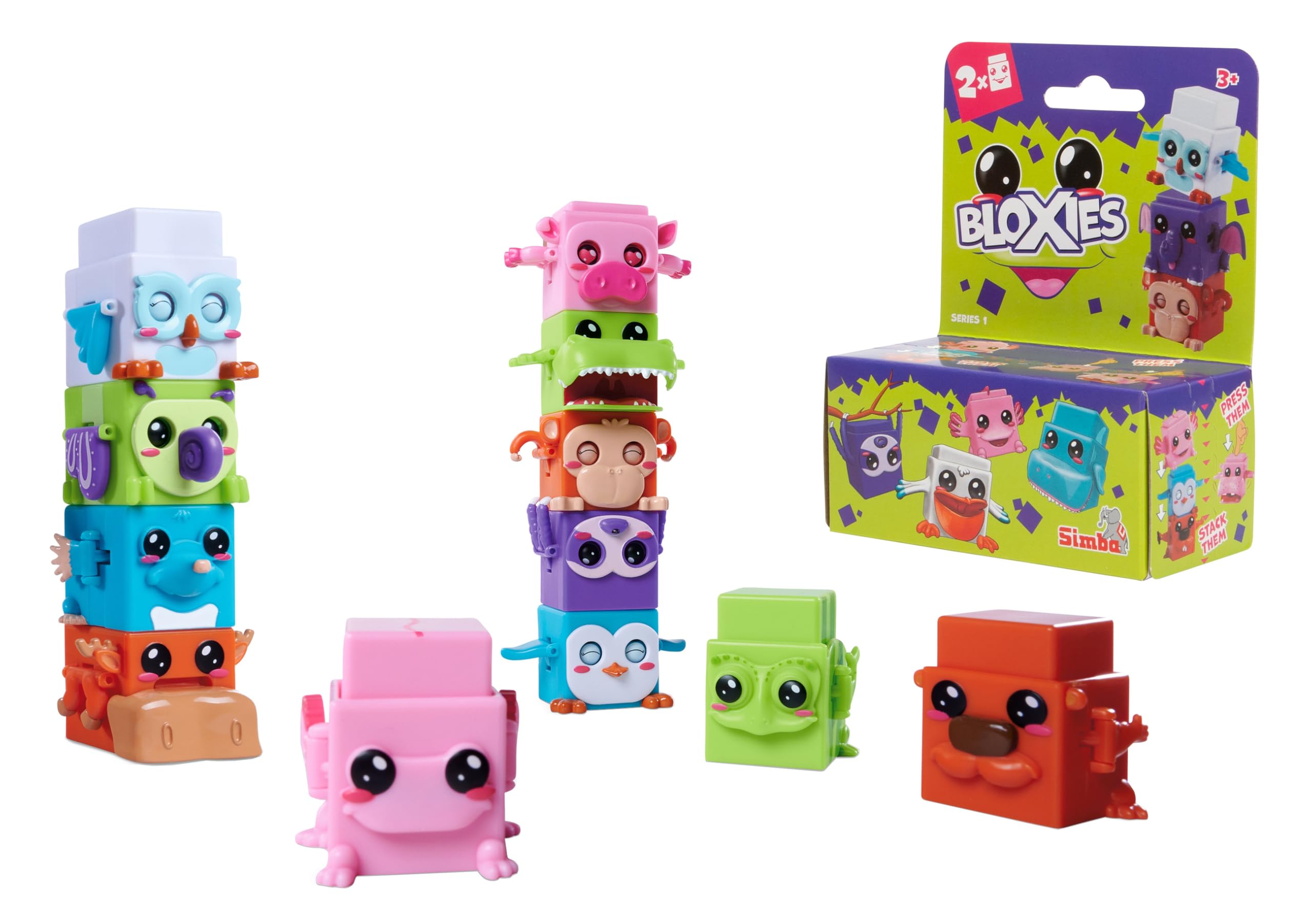 BLOXIES 2 Pack Blind Collectible - Stackable, collectable Mini Animal Friends, building blocks with moving feature, cute animal designs, fidget toy, 18 to collect, Multicolour, suitable for ages 3+