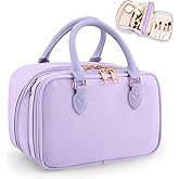 Travel Makeup Bag for Women Fashion Large Capacity Pouch Open Flat Cosmetic Portable Organizer Waterproof Large Opening Storage Toiletry Bags Vertical Free-Standing Brush Holder for Easy Access Purple