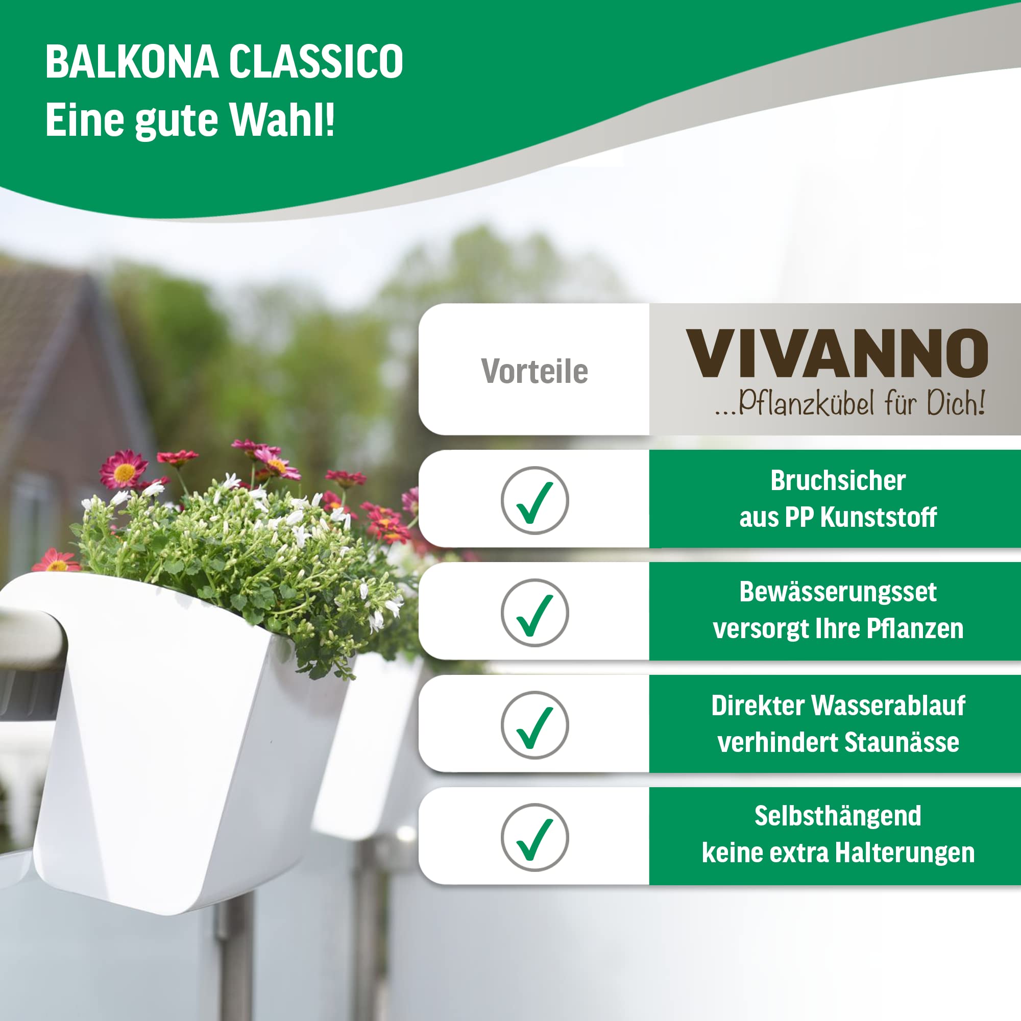VIVANNO Balkona Classico Balkonkasten mit Halterung & Wasserspeicher Weiß 2