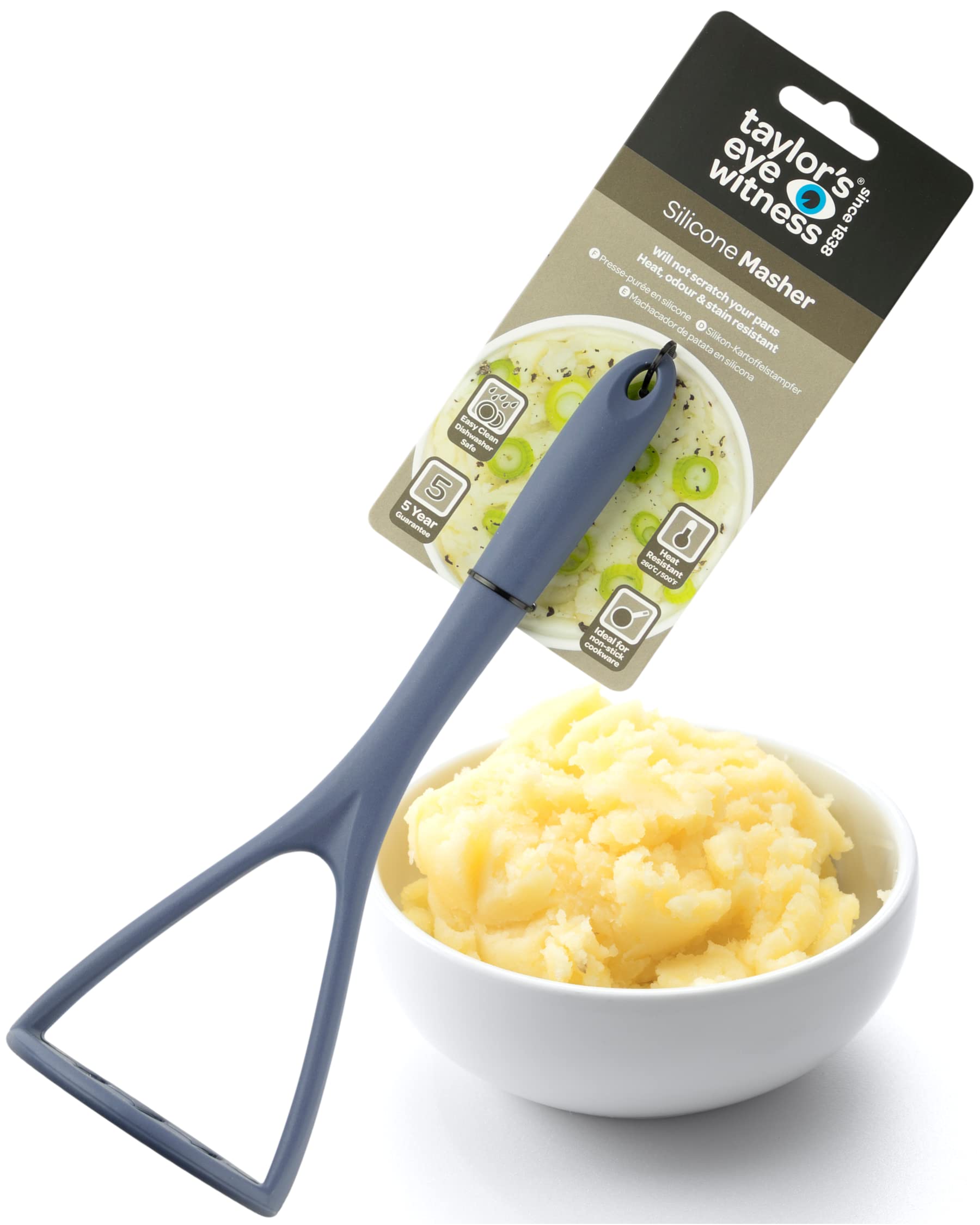 Taylors Eye Witness Large Silicone Blue Masher - Dishwasher Safe. Perfect for Non-Stick Pans and for Scraping Bowls. Odour, Stain & Heat Resistant (260°C/500°F). 5 Year Guarantee.