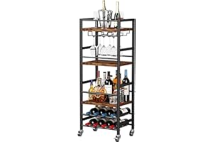 Homeiju Small Bar Cart with 5-Tier Shelf, Mobile Kitchen Shelf with Wine Rack and Glass Holder, Mini Bar Cart for Small Spaces, Rustic Brown