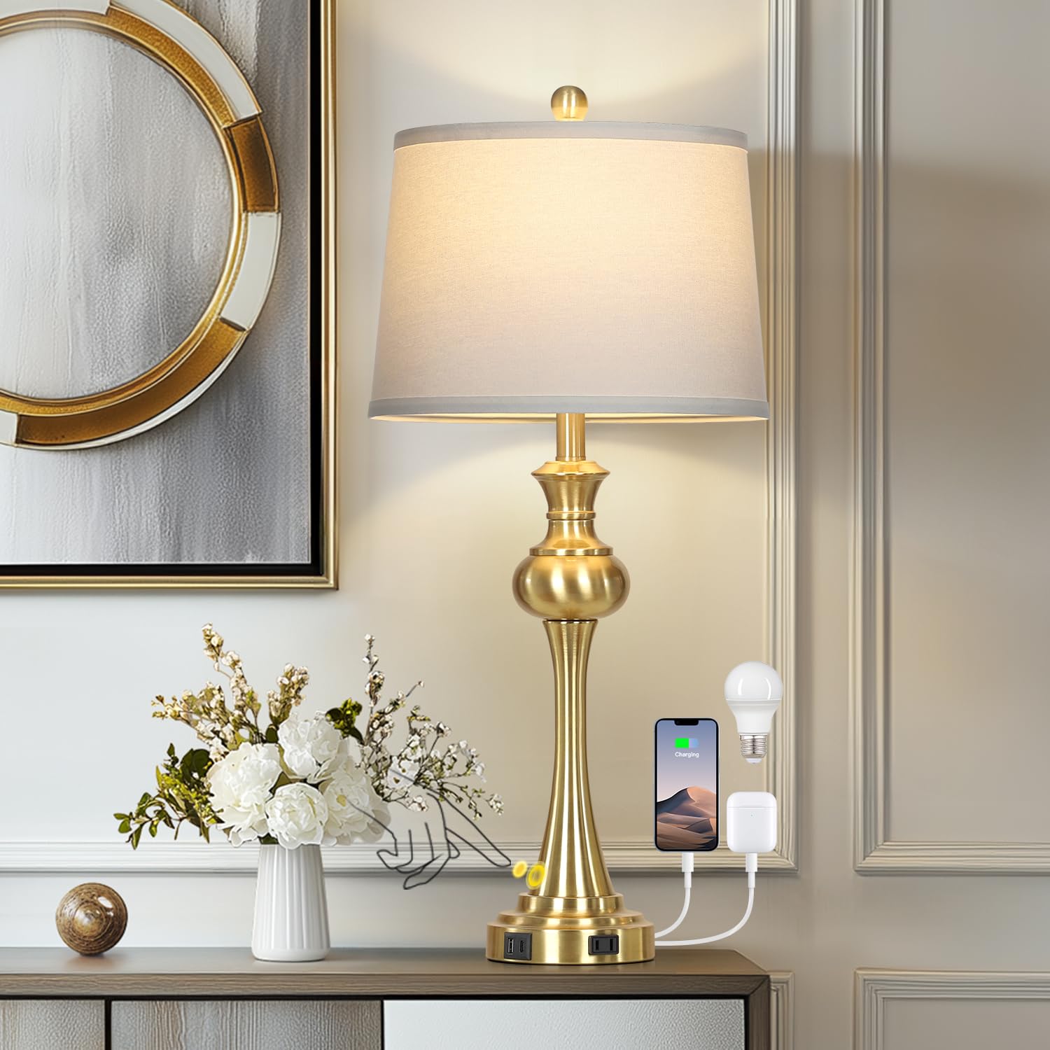Photo 1 of 28.75'' Gold Table Lamps for Living Room, 3 Way Touch Control Bedside Lamps with USB A+C Ports & AC Outlets, Modern Metal Nightstand Lamps for Bedroom Living Room Office End Table?Bulb Included?