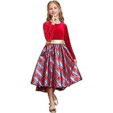 Girls Christmas Dress Velvet Long Sleeve Holiday Dress Winter Party Classic Plaid Midi Princess Dress
