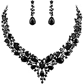 BriLove Women's Wedding Bridal Austrian Crystal Teardrop Cluster Statement Necklace Dangle Earrings Jewelry Set