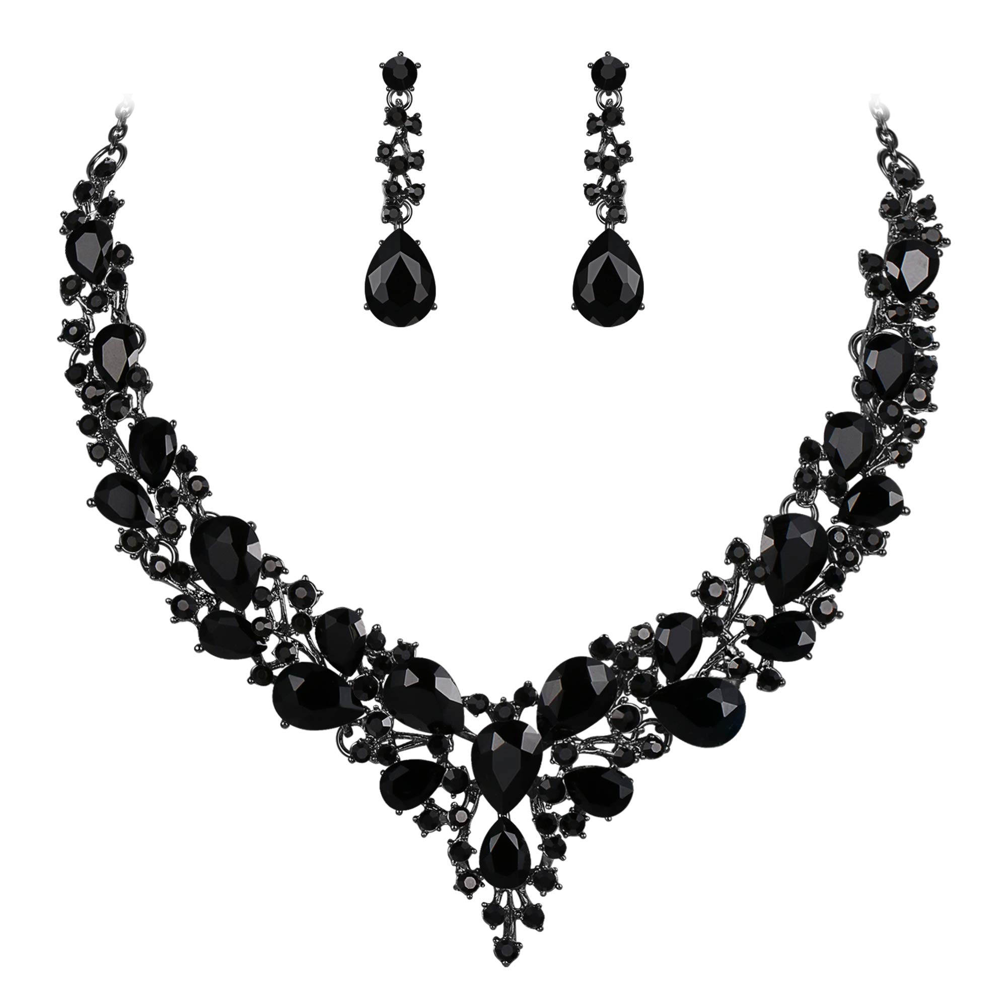 Ever Faith Wedding Bridal Crystal Sparkly Rhinestone Teardrop Cluster Statement Necklace Dangle Earrings Jewellery Set for Women Black Black-Tone