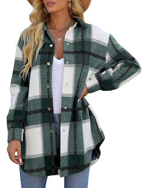 REACHME WOMENS OVERSIZED PLAID SHACKET WITH POCKETS BUTTON DOWN FLANNEL JACKET BRUSHED WOOL BLEND COATS(B-GREEN,XL)