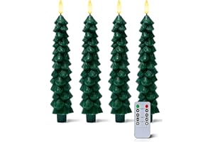 Stmarry 4 Pack Christmas Tree Candles with Remote, 9.65 Inch Real Wax flameless Taper Candles, LED Candles Battery Operated with 3D Flickering Flame, Evergreen Candlesticks Christmas Decor