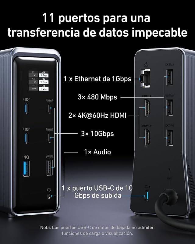 Anker prime port replicator 160w, 14 portas com saída máxima. 160 w, transferência de dados de 10 gbps, interface inteligente em tempo real, áudio e ethernet, tela dupla 4k para macbook dell mobile