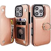 ONETOP for iPhone 16 Pro Wallet Case with Card Holder, 360° Rotation Ring Kickstand RFID Blocking PU Leather Double Magnetic Clasp Shockproof Cover for Women and Girls 6.3 Inch (Rose Gold)