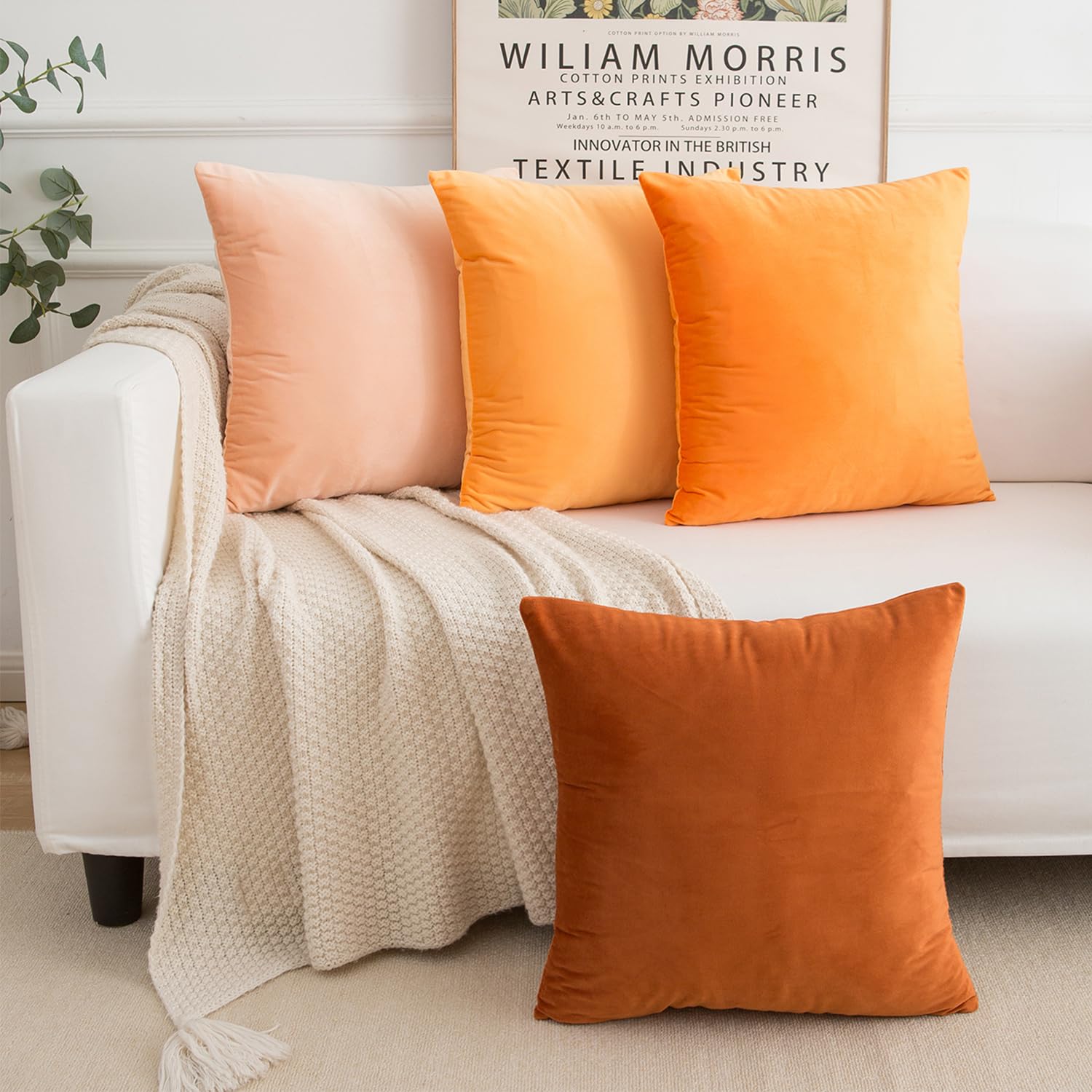 Yonous Gradient Colors Combo Set Cushion Covers, Premium Velvet Soft Square Decorative Throw Pillow for Sofa Bedroom Car, Set of 4, (18''x18'', Orange-Light Orange)