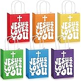 Kolldenn 24 Sets Christian Gift Bulk Jesus Loves You Paper Bag 6 Colors Religious Bible Verse Treat Bag with Handles Inspirational Sunday School Gift for VBS 2025 Church Party First Communion Baptism