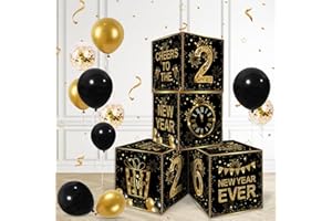 SSAILUE DECOR Happy New Year Decorations 2026 New Years Eve Party Supplies Black and Gold Balloon Boxes 2026 Cheers to the Birthday Party Decor Backdrop