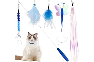 iKOIHO Cat Wand Toy for Indoor Cats 6PCS Fairy Feather Cat Toys with Retractable Fishing Pole Replaceable Feather Attachments Dragonfly Tassel Worm with Bells Cat String Kitten Toy Gift (Blue)