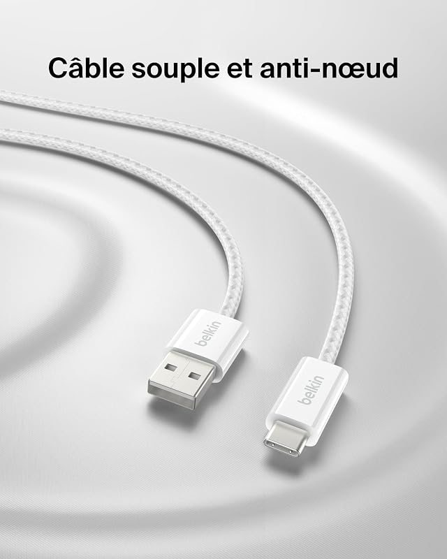 Pack de 2 Câbles USB-A vers USB-C avec gaine tressée (1,5 m, 15 W, doux au toucher, souple, recharge rapide, pour iPhone 17 et iPhone 16, Galaxy S25, Pixel 10, iPad Pro, etc., blanc)